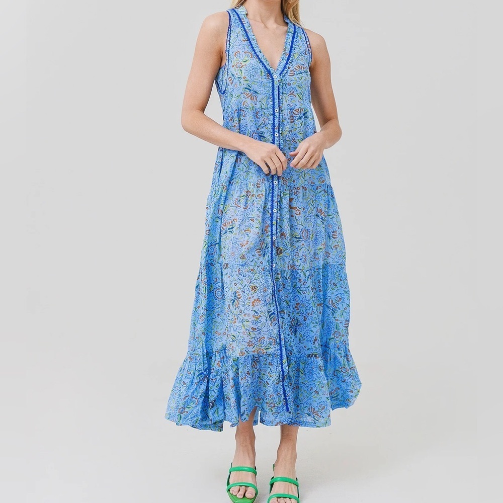 Poupette St.Barth Blue Ruffled Tiered Maxi Sundress Women’s Nana Long Dress Szxs